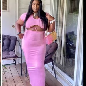 Pink Sexy Solid Hollowed Out O Neck Short Sleeve Two Pieces